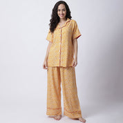 Rayon Yellow Floral Printed Night Suit set of Shirt & Pyjama trouser