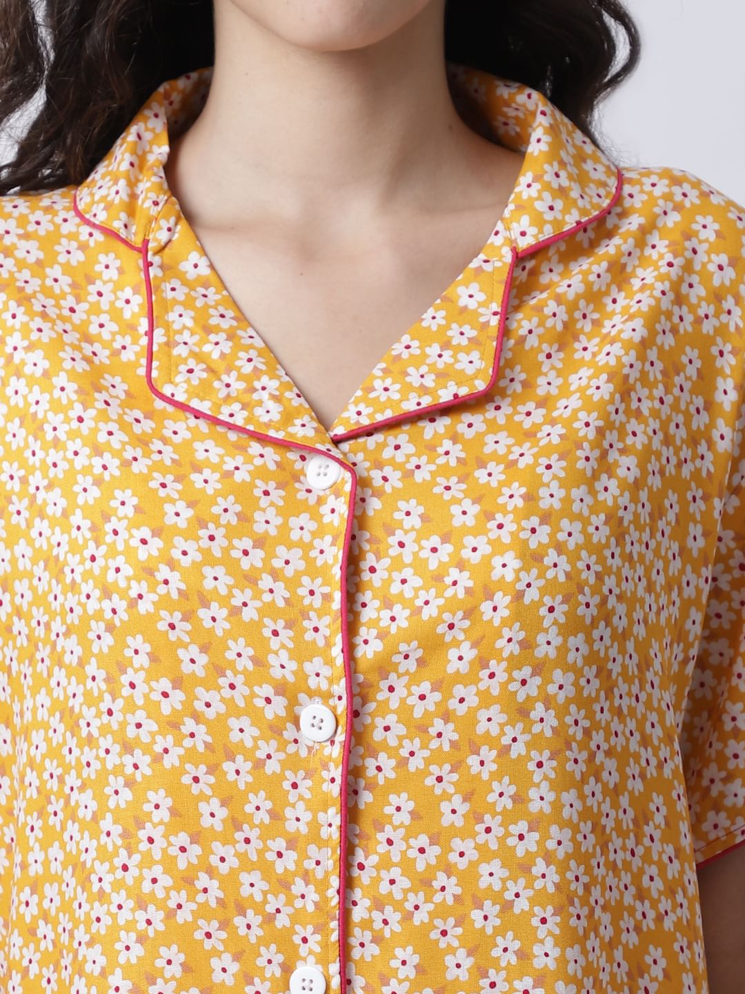 Rayon Yellow Floral Printed Night Suit set of Shirt & Pyjama trouser