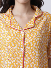 Rayon Yellow Floral Printed Night Suit set of Shirt & Pyjama trouser