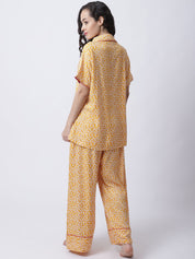 Rayon Yellow Floral Printed Night Suit set of Shirt & Pyjama trouser