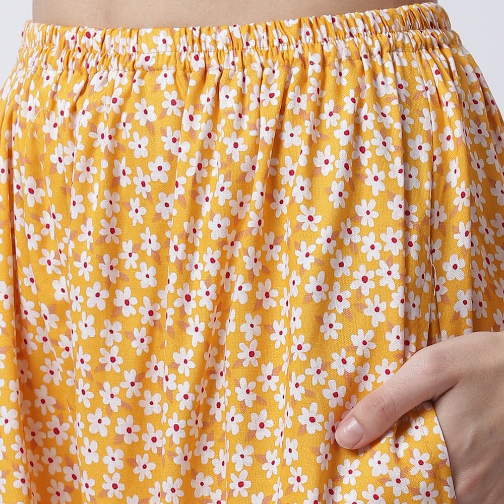 Rayon Yellow Floral Printed Night Suit set of Shirt & Pyjama trouser