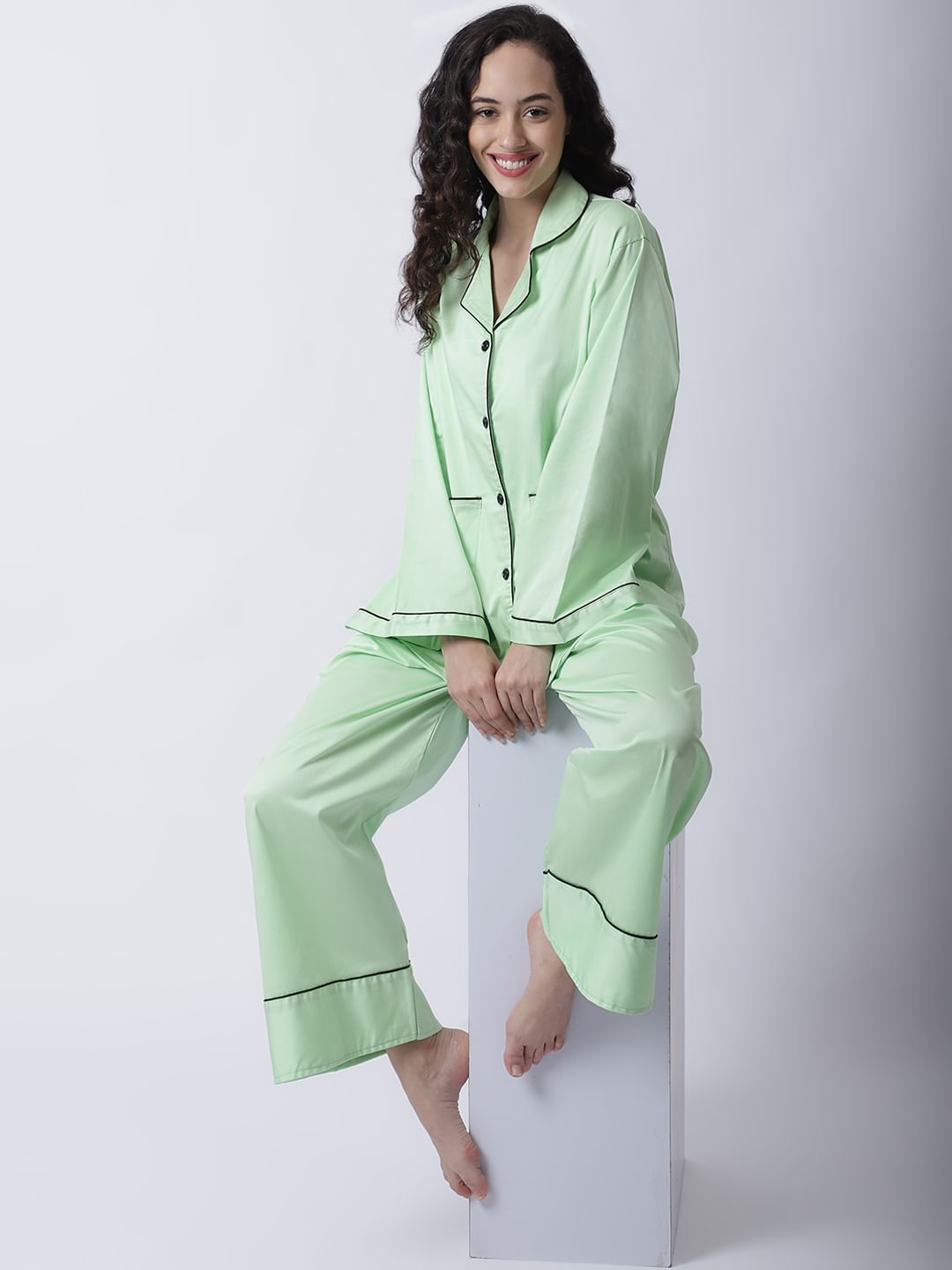 Cotton Satin Lycra Night Suit set of Shirt Pyjama trouser