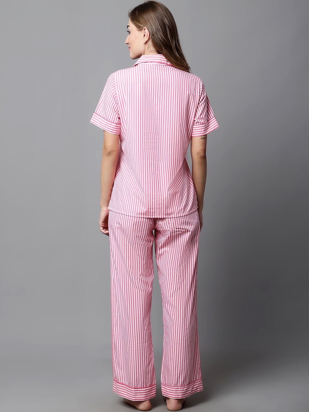 Pink & White Striped Cotton Night Suit