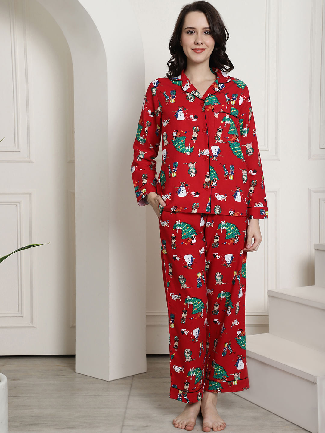 Buy Red Christmas Print Cotton Flannel Night Suitfor Women Online at Secret  Wish