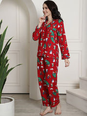 Red Christmas Print Cotton Flannel Night Suit