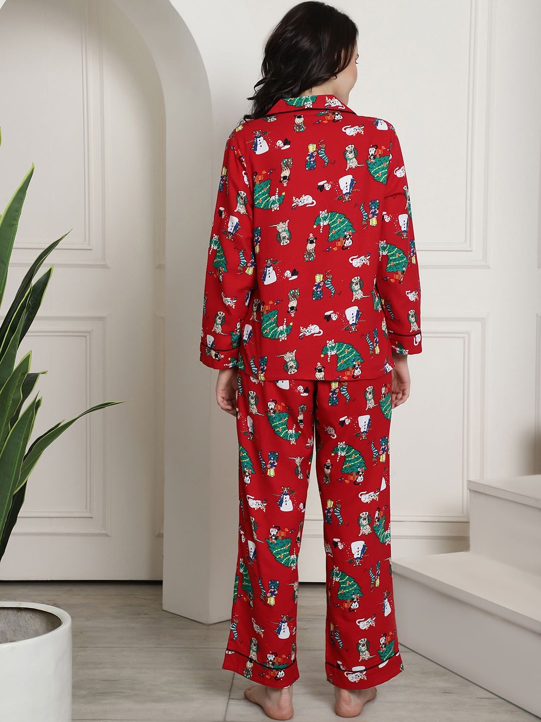 Red Christmas Print Cotton Flannel Night Suit