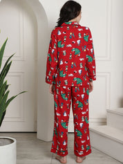 Red Christmas Print Cotton Flannel Night Suit