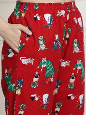 Red Christmas Print Cotton Flannel Night Suit