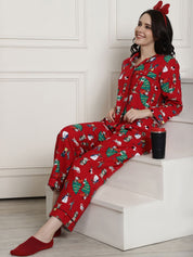 Red Christmas Print Cotton Flannel Night Suit