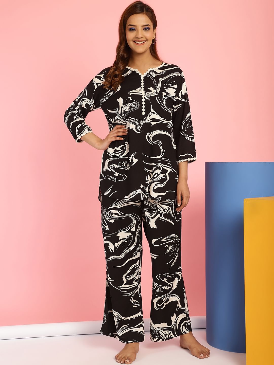 Abstract Print Rayon Black Co-Ord Set