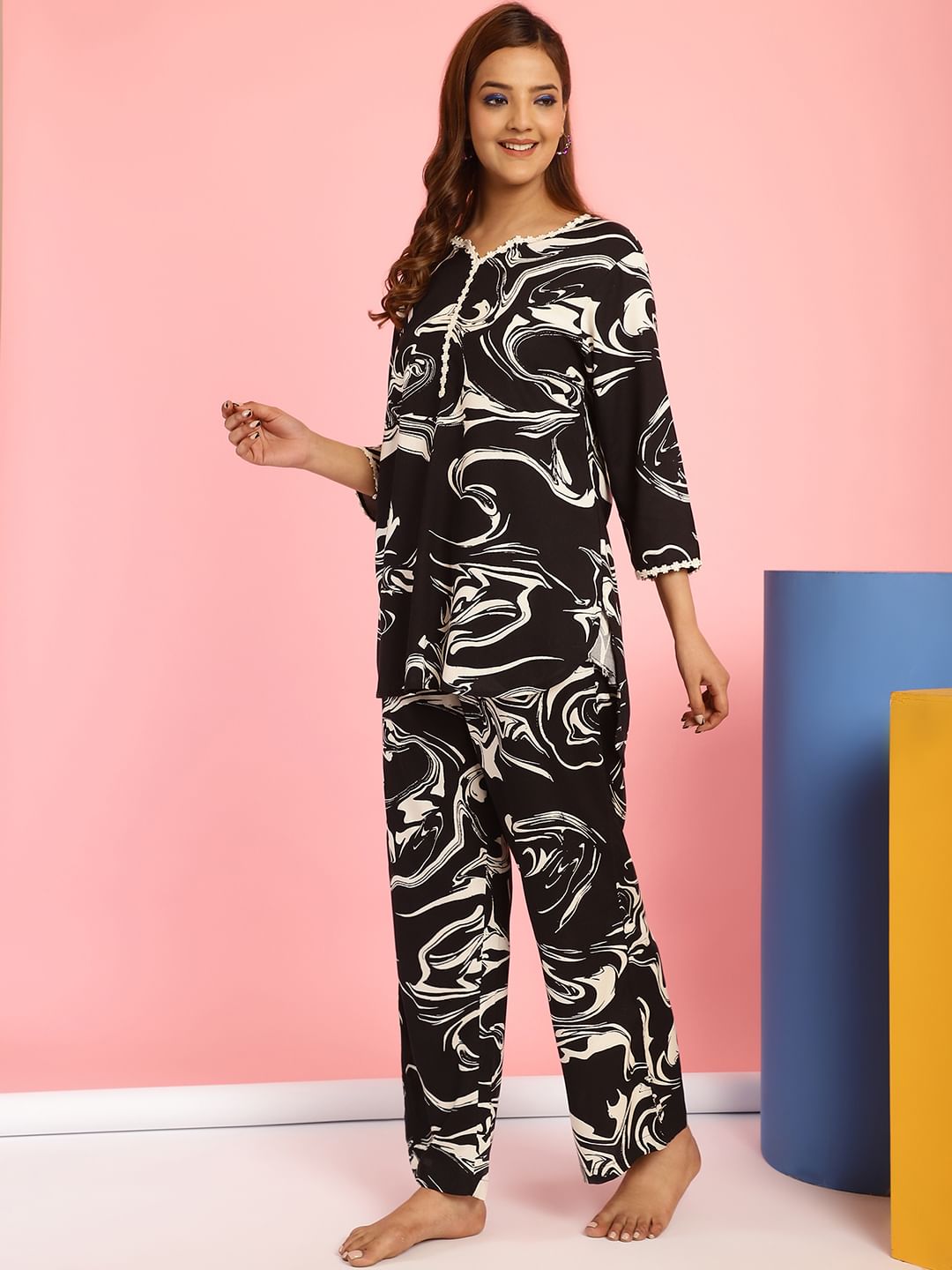 Abstract Print Rayon Black Co-Ord Set