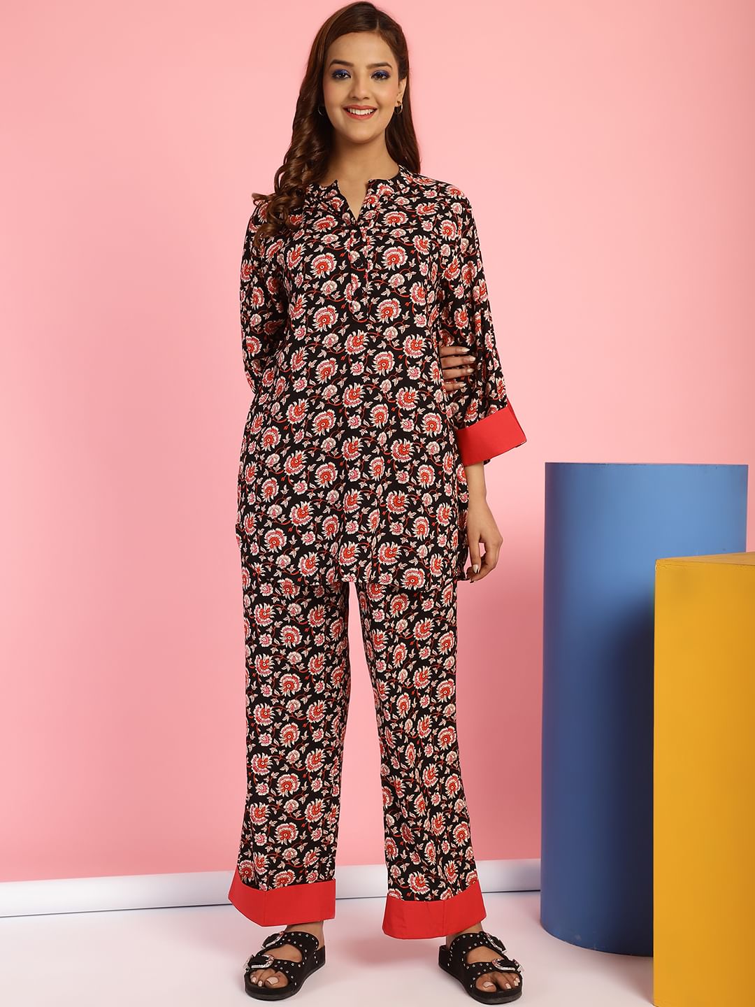 Floral Print Rayon Black Co-Ord Set