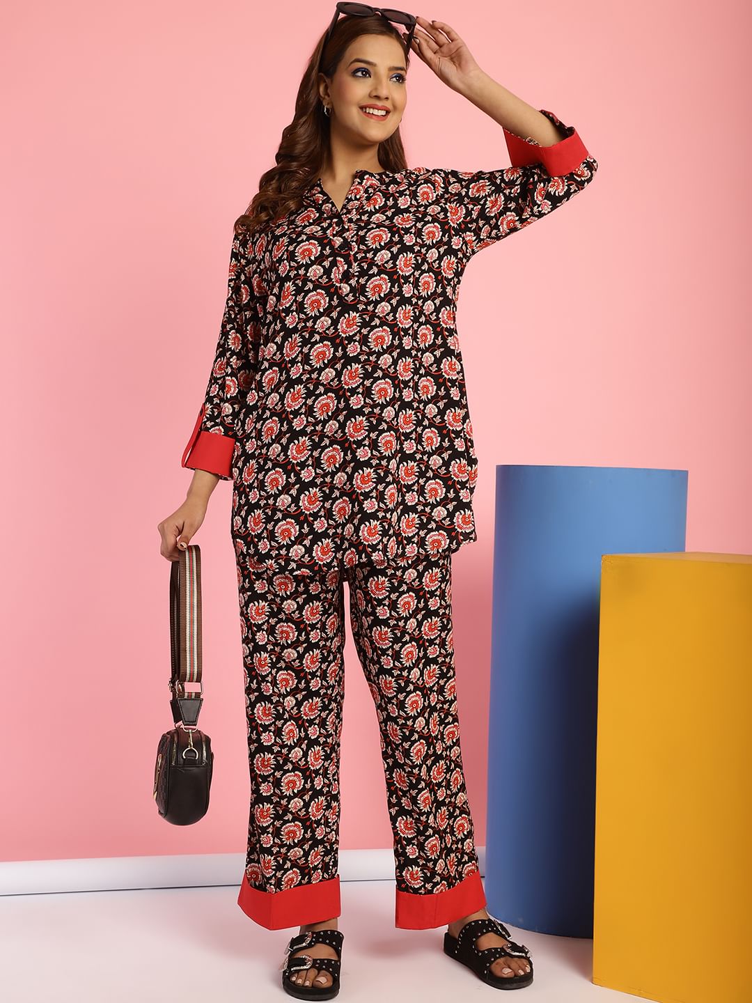 Floral Print Rayon Black Co-Ord Set