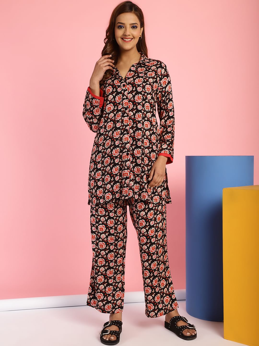 Floral Print Rayon Black Co-Ord Set