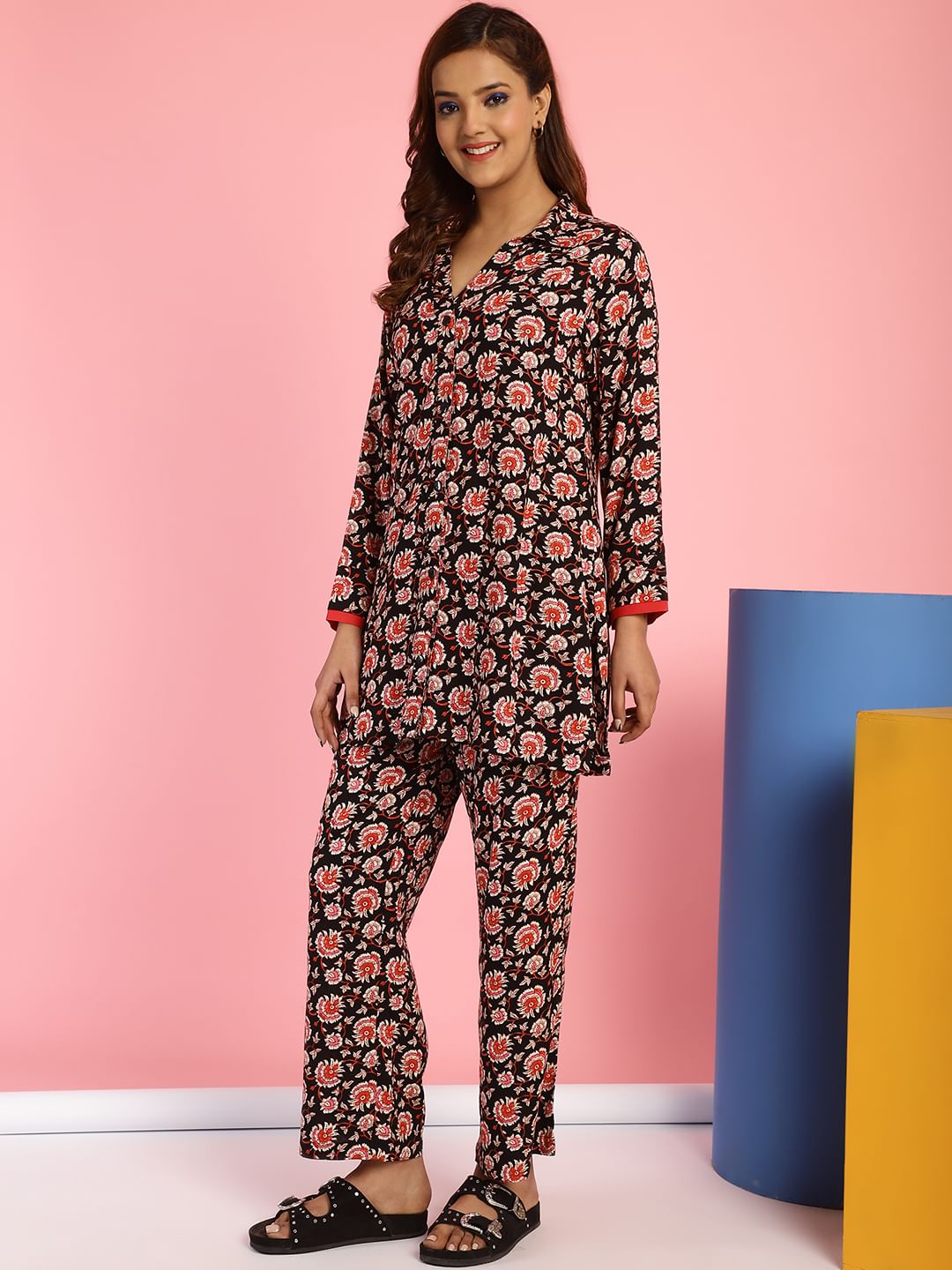 Floral Print Rayon Black Co-Ord Set