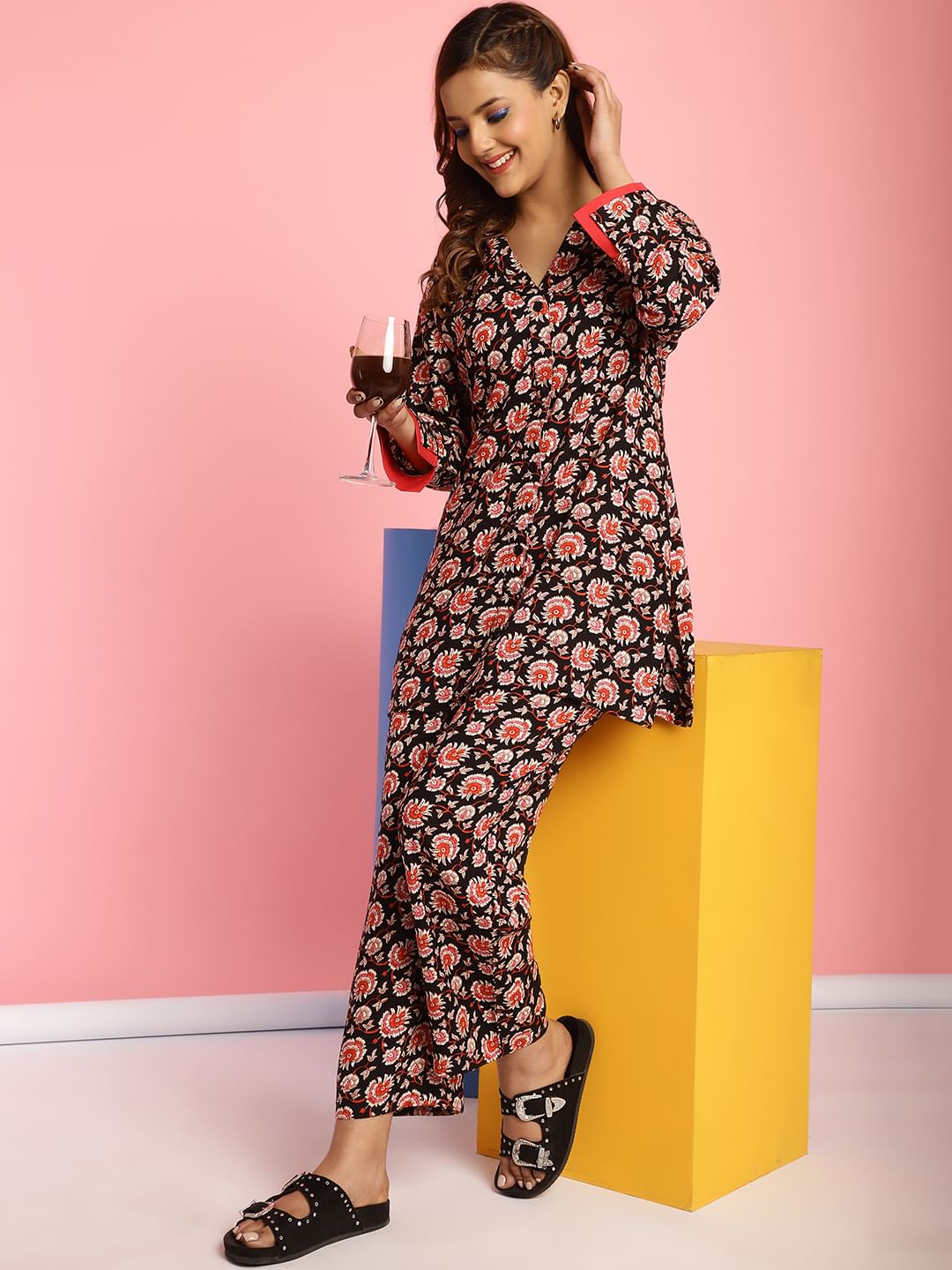 Floral Print Rayon Black Co-Ord Set