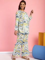Abstract Print Rayon White Co-Ord Set
