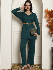 Green Ribbed Night Suit