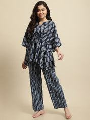 Blue & White Jaipuri Ethnic Print Kaftan Night Suit