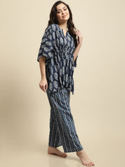 Blue & White Jaipuri Ethnic Print Kaftan Night Suit