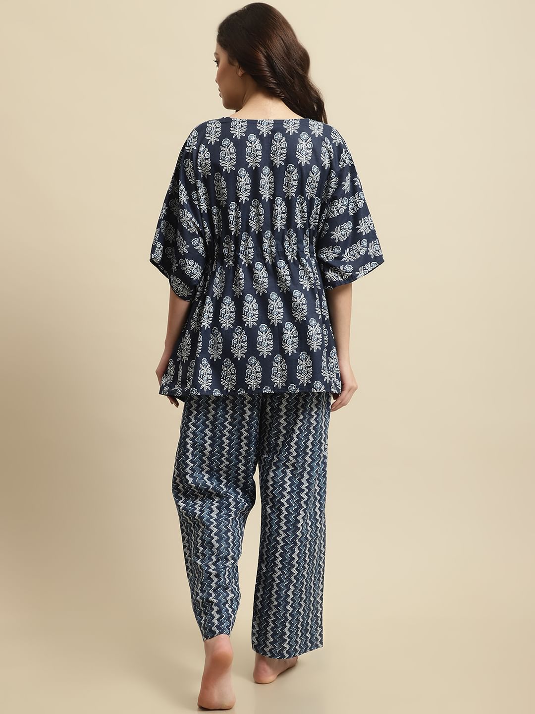 Blue & White Jaipuri Ethnic Print Kaftan Night Suit