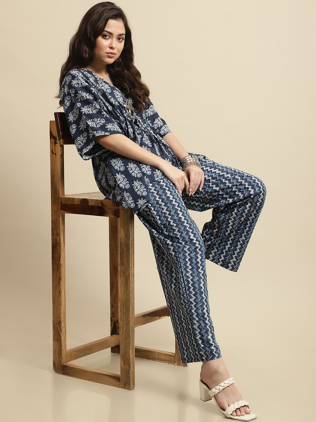 Blue & White Jaipuri Ethnic Print Kaftan Night Suit