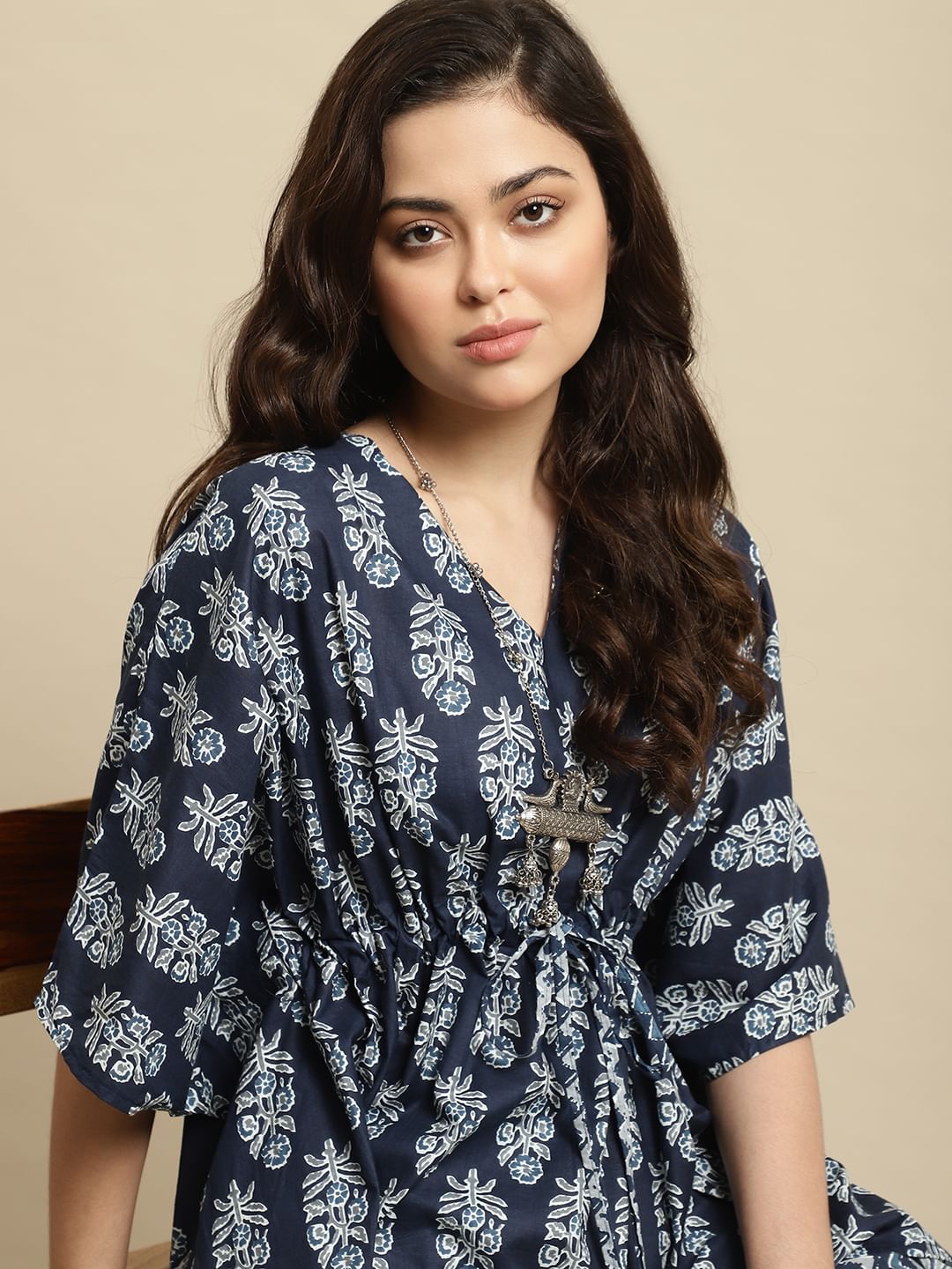 Blue & White Jaipuri Ethnic Print Kaftan Night Suit