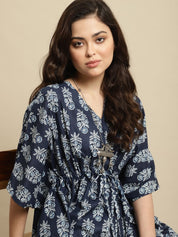 Blue & White Jaipuri Ethnic Print Kaftan Night Suit