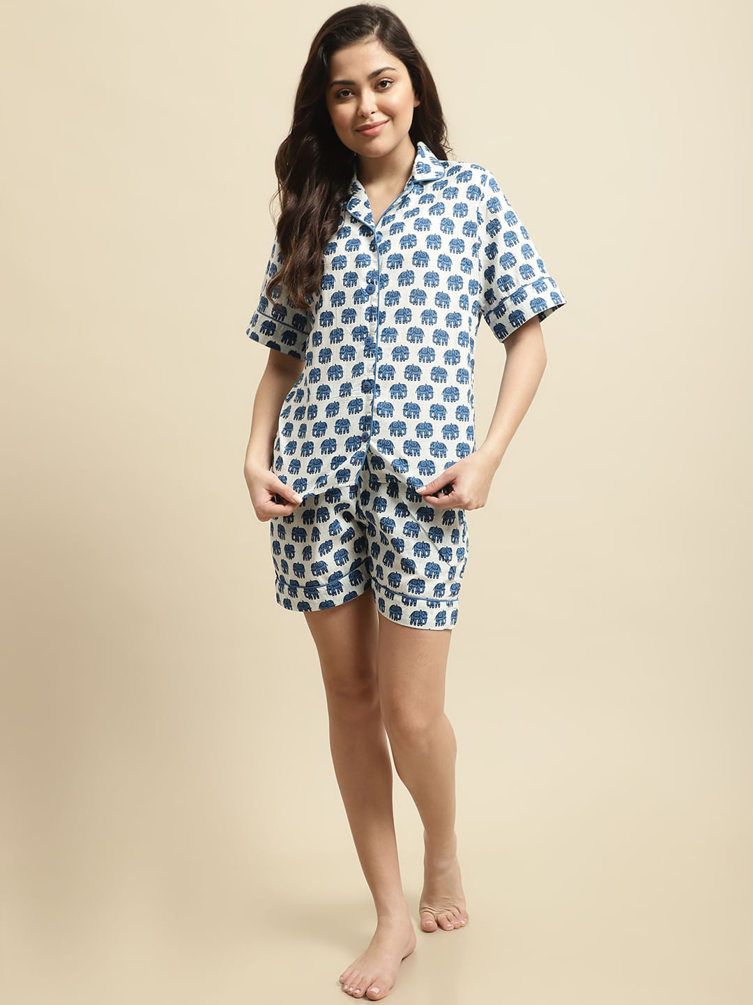 Blue & White Elephant Print Night Suit