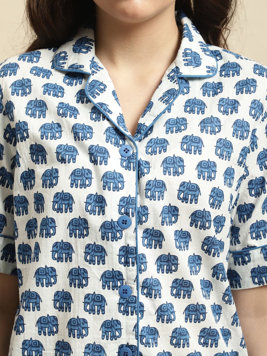 Blue & White Elephant Print Night Suit