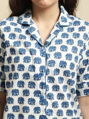 Blue & White Elephant Print Night Suit