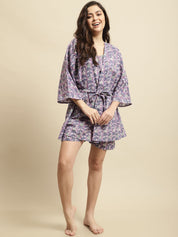 Purple Sanganeri Floral Print 3-Piece Night Suit