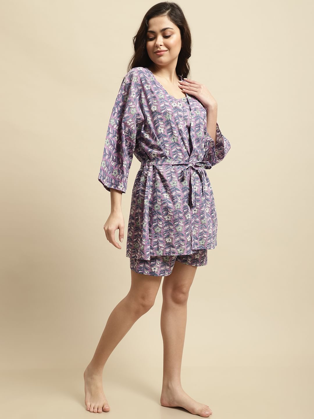 Purple Sanganeri Floral Print 3-Piece Night Suit