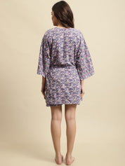 Purple Sanganeri Floral Print 3-Piece Night Suit