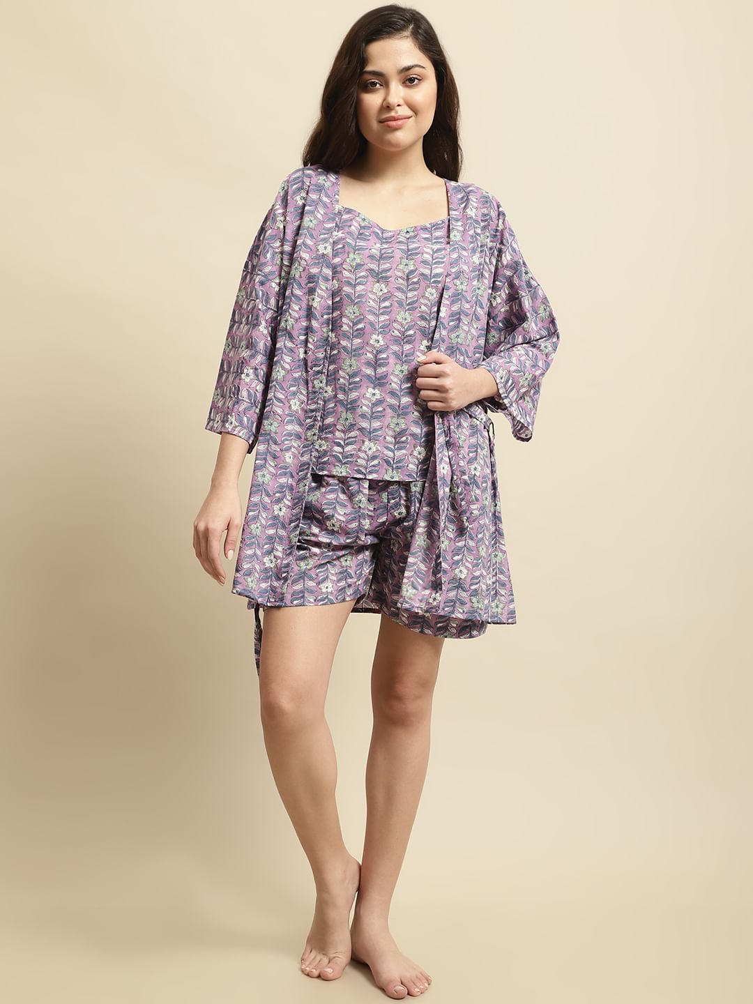Purple Sanganeri Floral Print 3-Piece Night Suit
