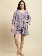 Purple Sanganeri Floral Print 3-Piece Night Suit