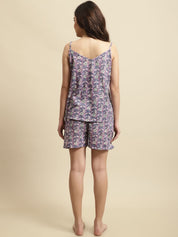 Purple Sanganeri Floral Print 3-Piece Night Suit