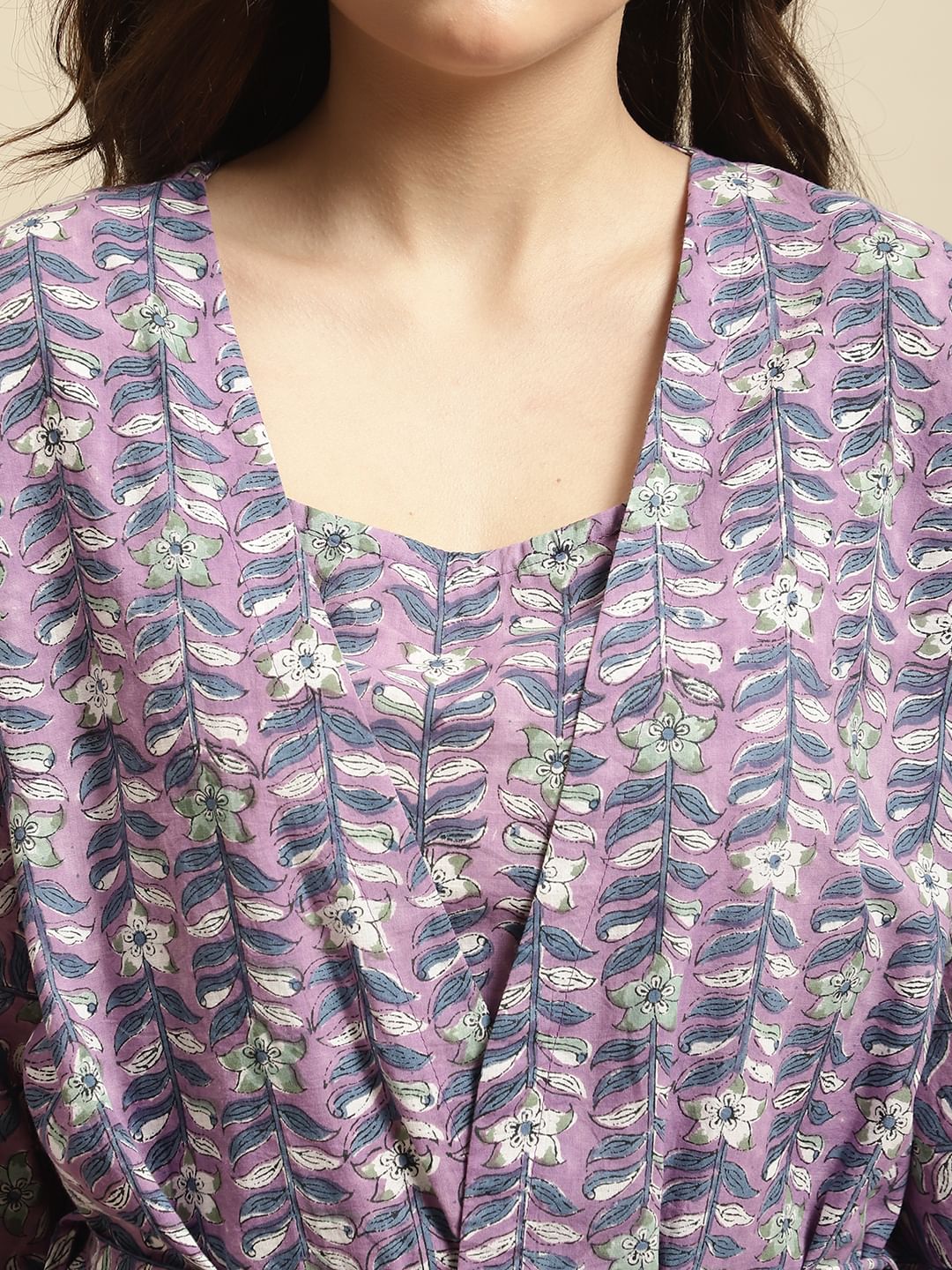 Purple Sanganeri Floral Print 3-Piece Night Suit