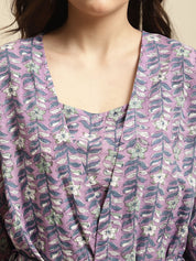 Purple Sanganeri Floral Print 3-Piece Night Suit