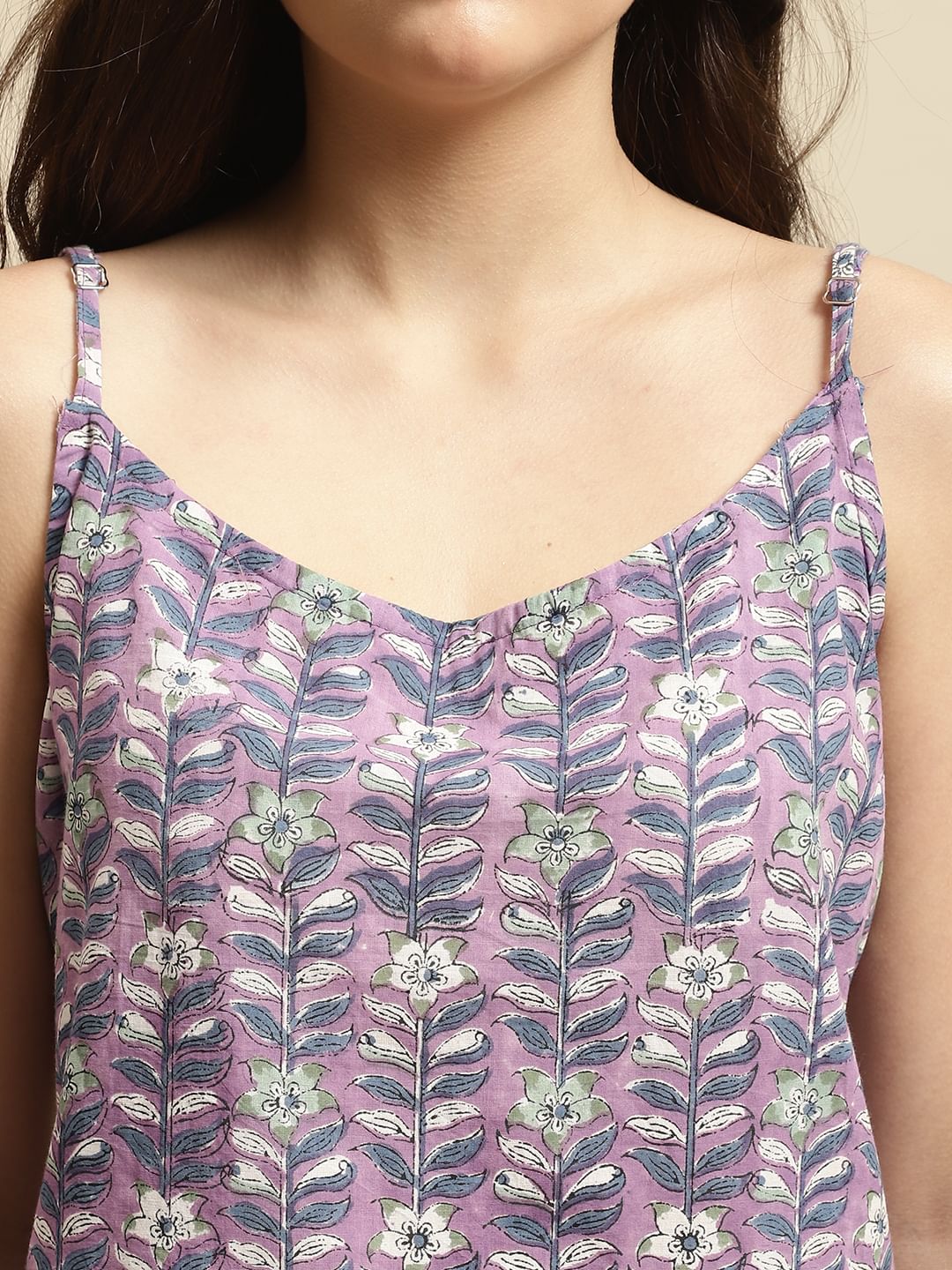 Purple Sanganeri Floral Print 3-Piece Night Suit