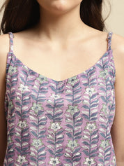 Purple Sanganeri Floral Print 3-Piece Night Suit