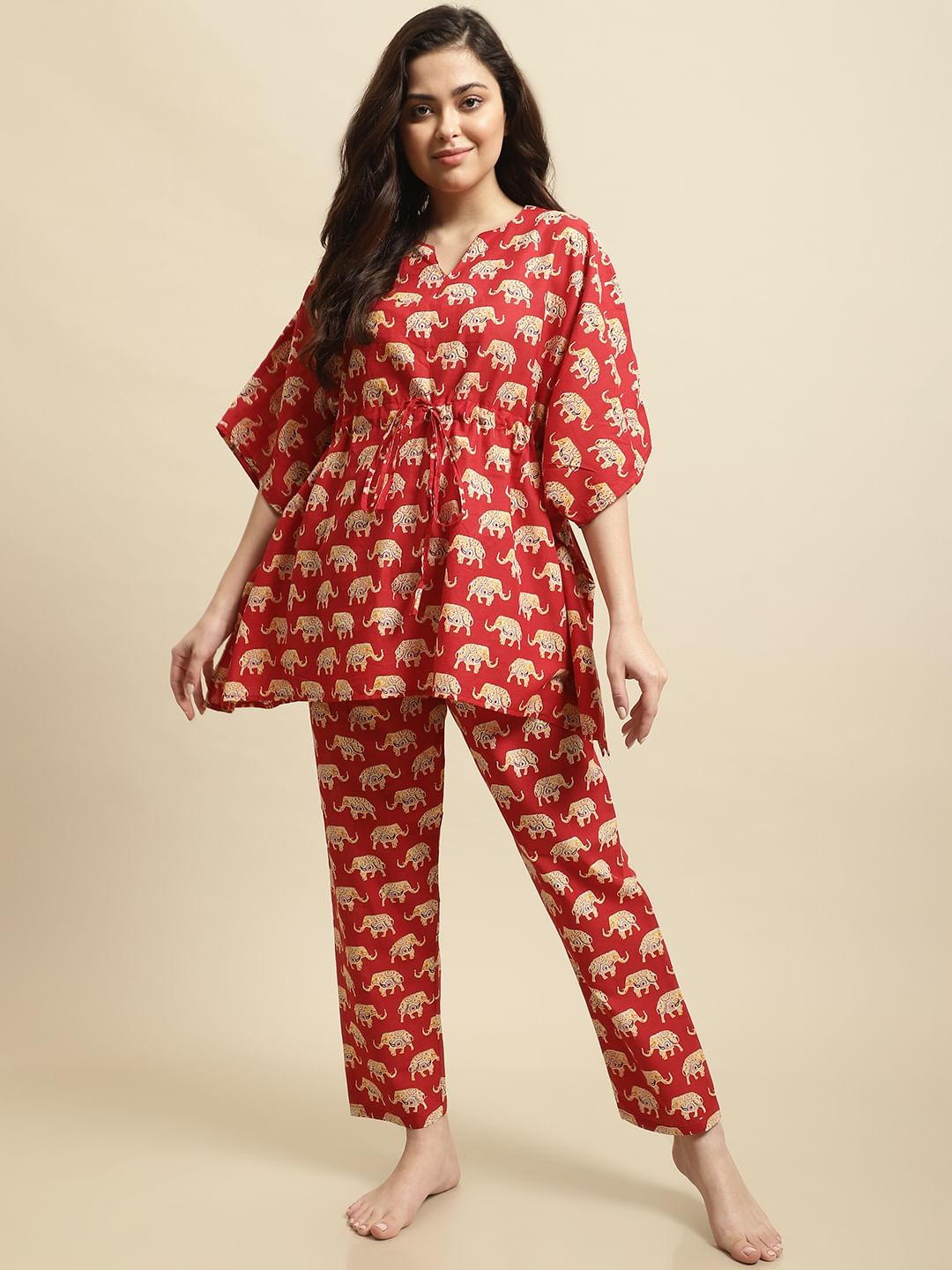 Red & Yellow Rajasthani Elephant Print Night Suit