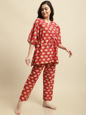 Red & Yellow Rajasthani Elephant Print Night Suit