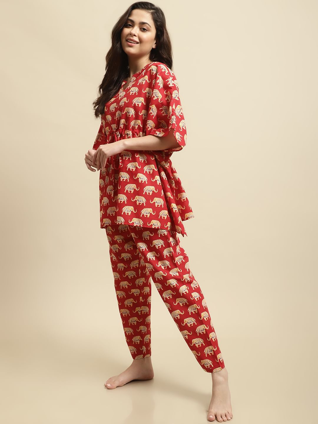 Red & Yellow Rajasthani Elephant Print Night Suit