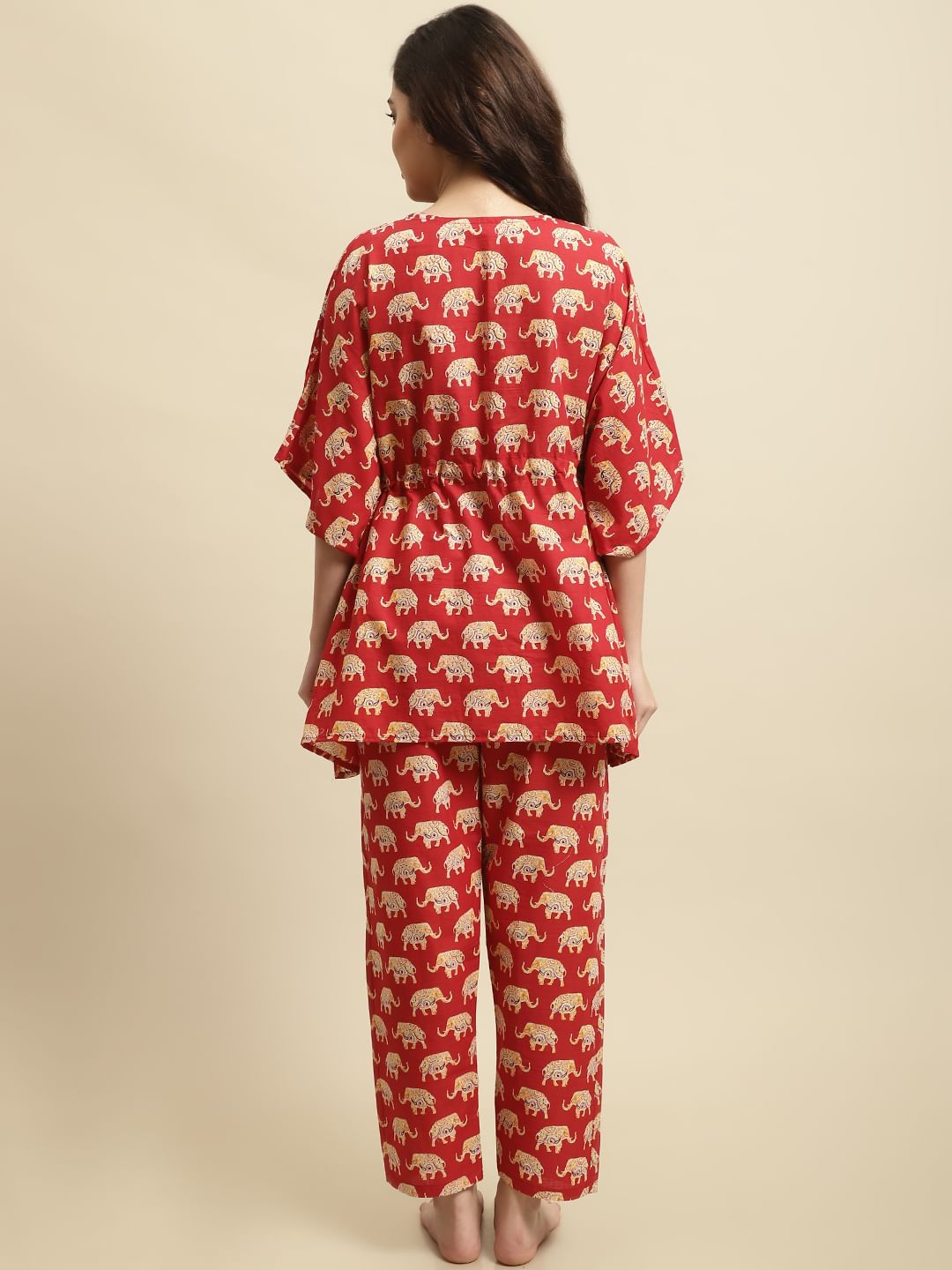 Red & Yellow Rajasthani Elephant Print Night Suit