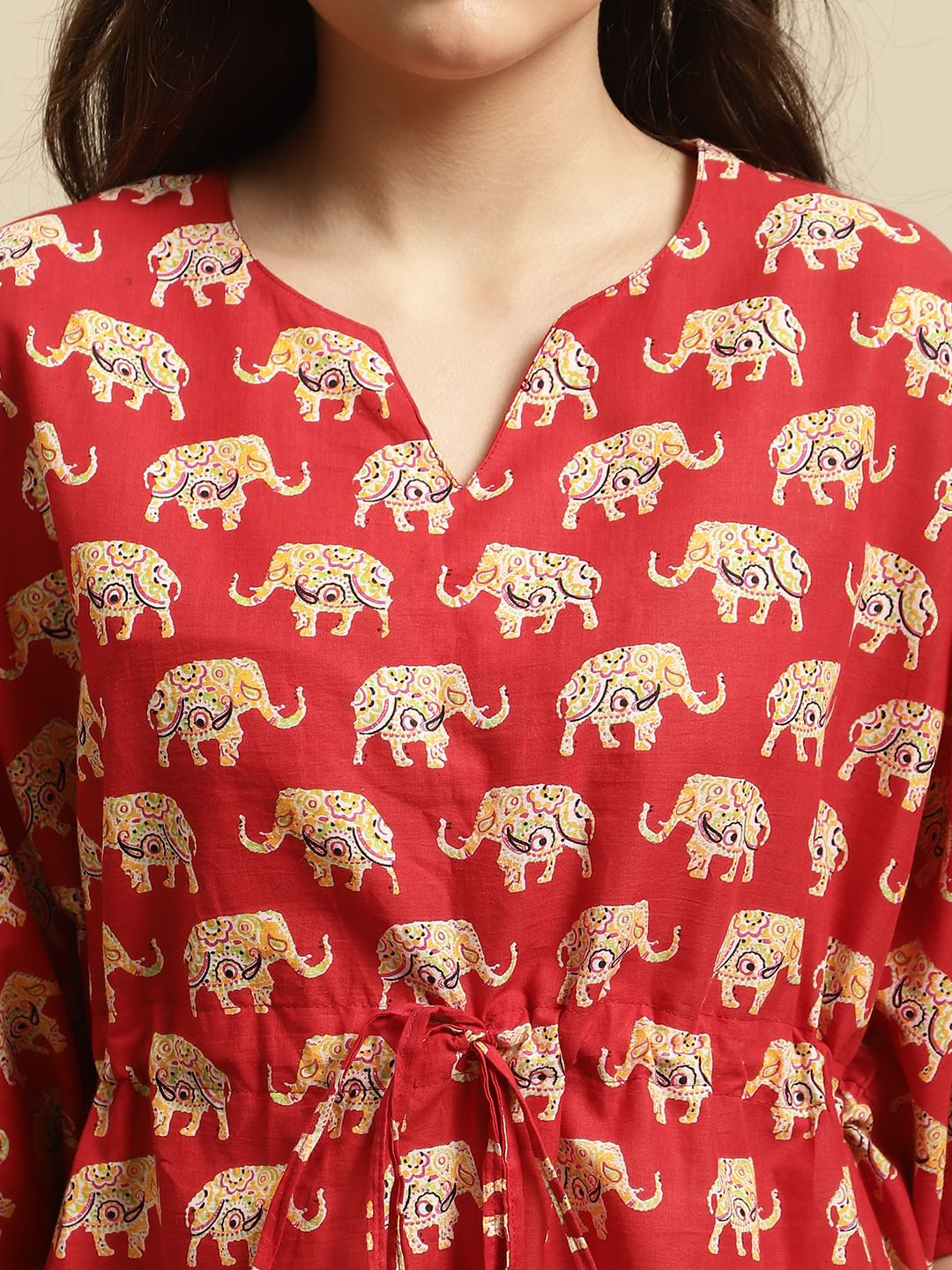 Red & Yellow Rajasthani Elephant Print Night Suit