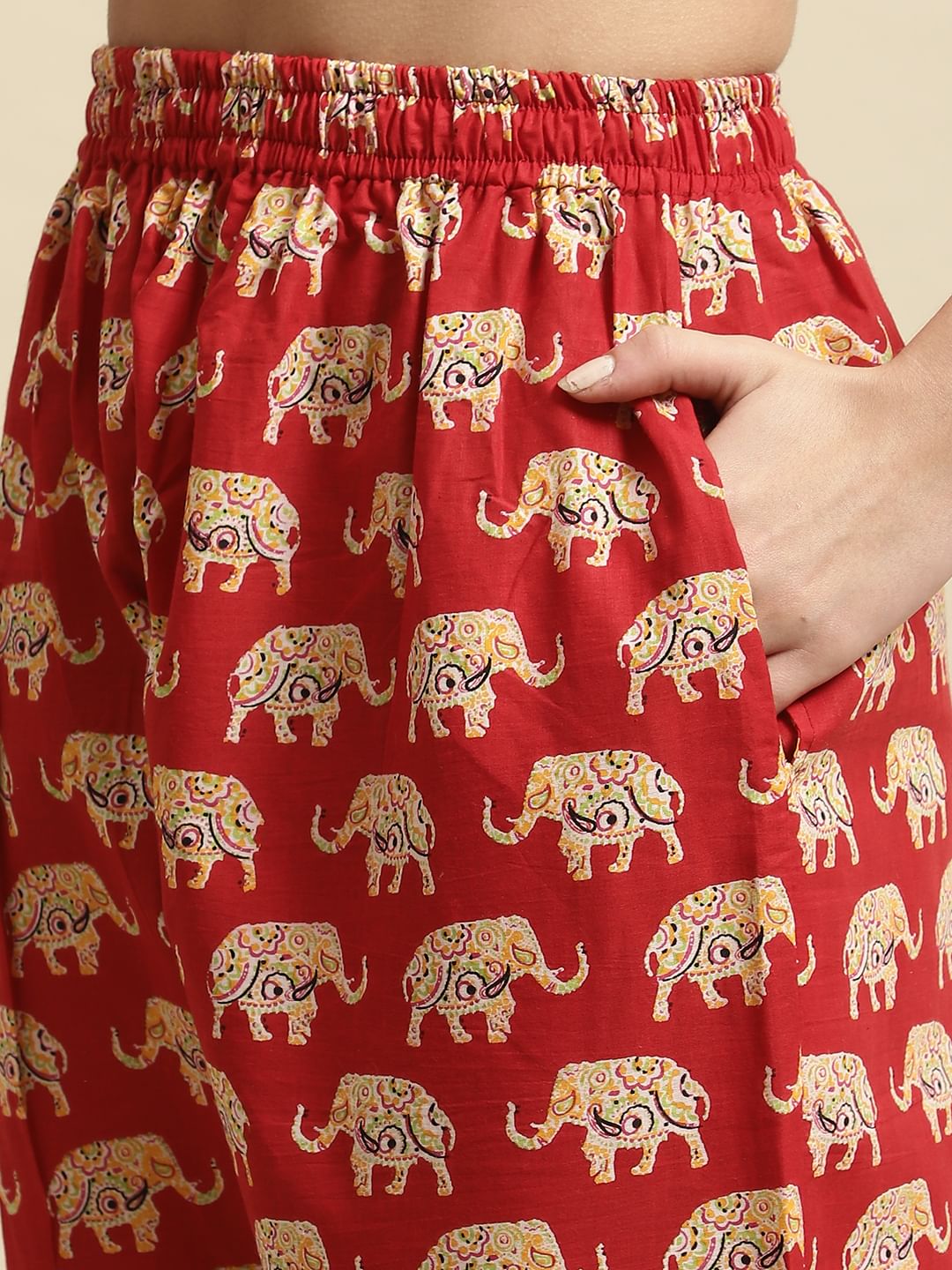 Red & Yellow Rajasthani Elephant Print Night Suit