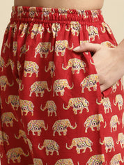 Red & Yellow Rajasthani Elephant Print Night Suit