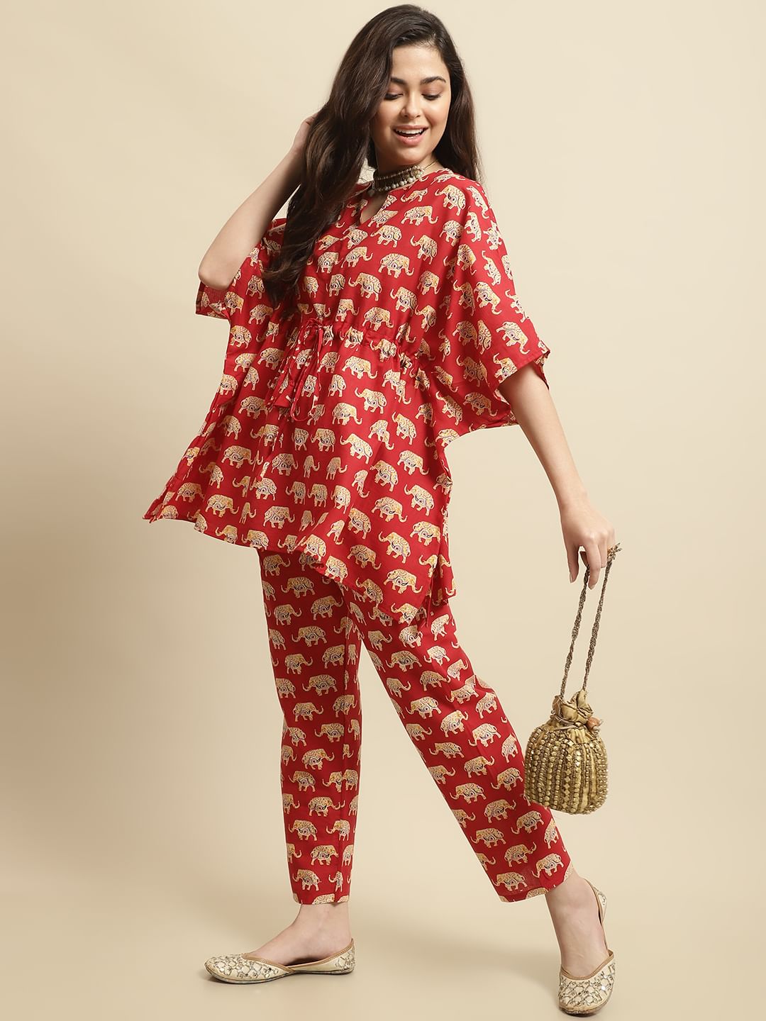 Red & Yellow Rajasthani Elephant Print Night Suit