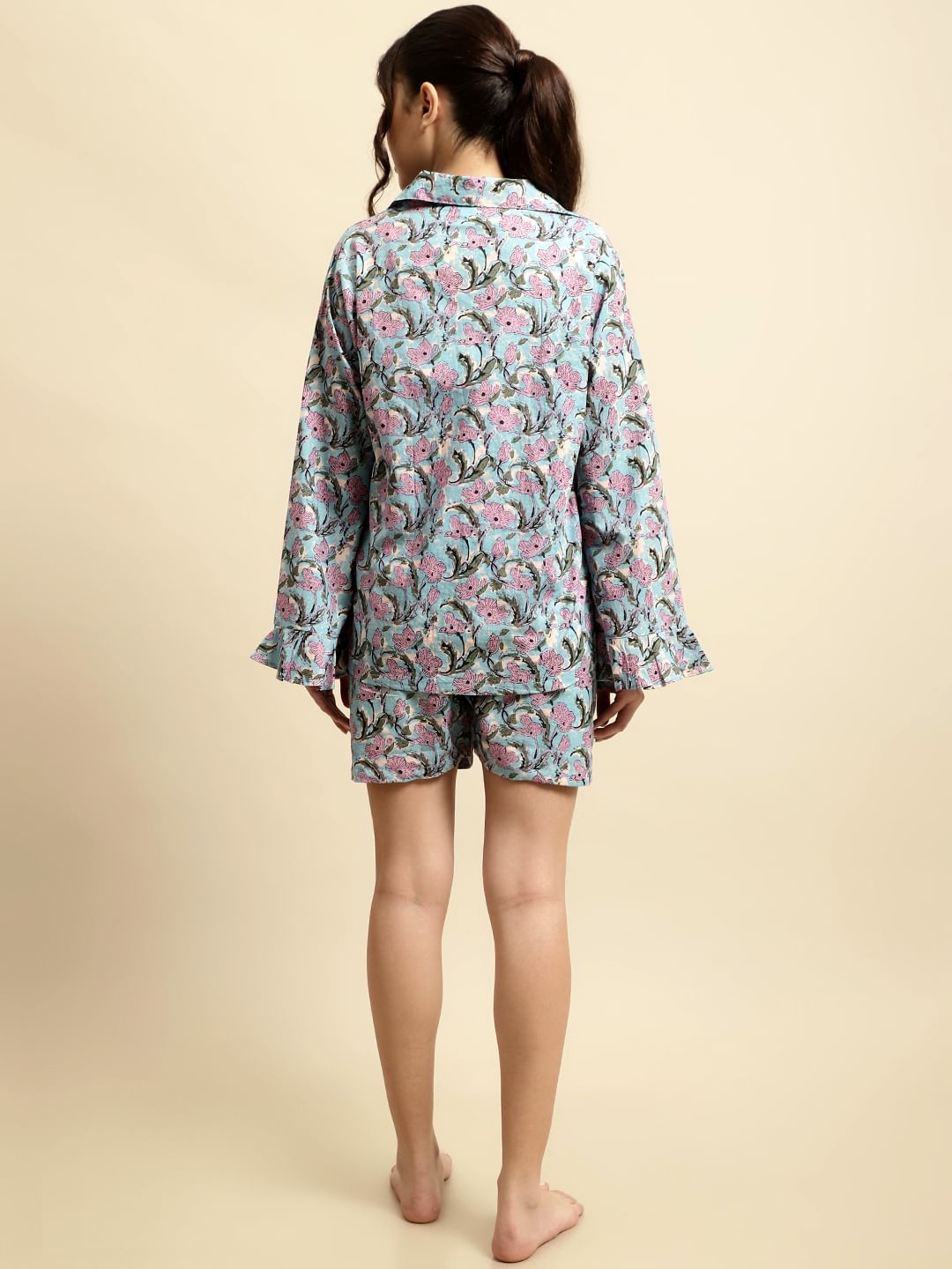 Sky Blue & Purple Sanganeri Floral Print 3-Piece Co-ord Set